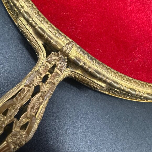 Antique Vanity Hand Mirror Red Velvet Guilloche Enamel Plaque Floral Brass - Picture 6 of 12